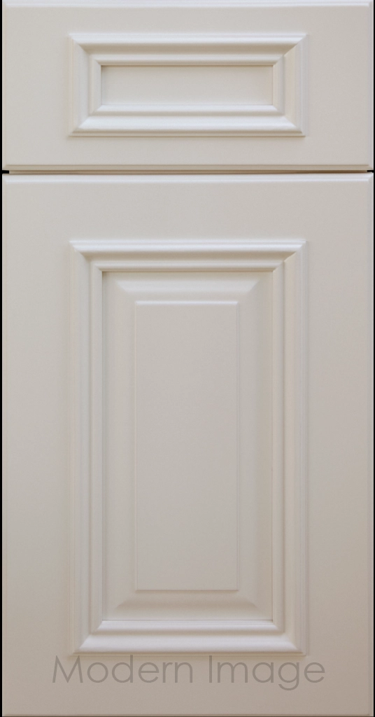 Hamilton cabinet door in Dew matte color with double raised panel and mitered elevated molding.